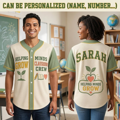 Personalized Helping Minds Grow Teacher Baseball Jersey - Custom Name Classroom Crew Sporty Shirt