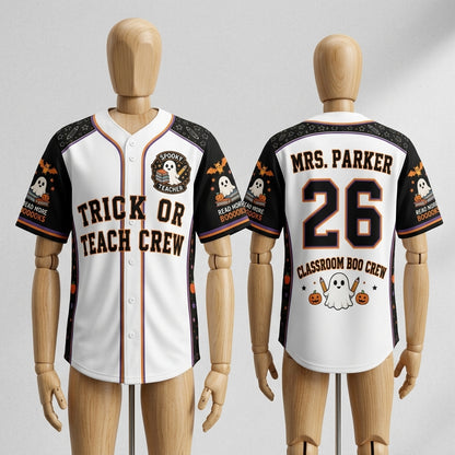 Personalized Trick or Teach Crew Baseball Jersey - Custom Spooky Teacher Halloween Gift for Classroom Boo Crew