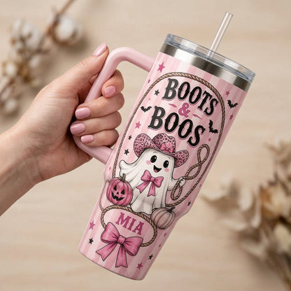 Personalized Boots & Boos Pink Western Halloween 40oz Tumbler with Handle, Custom Name Cowgirl Ghost Gift