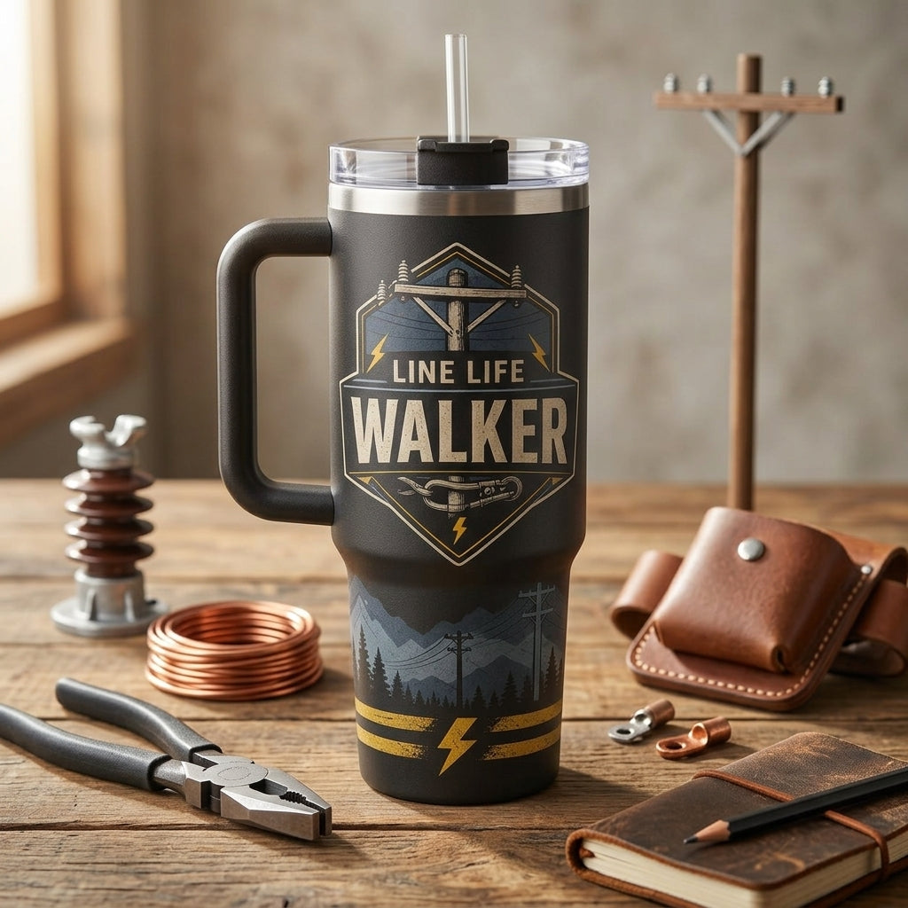 Personalized Powerline Worker 40oz Tumbler with Handle, Custom Name Gift for Lineman & Electricians, Built for the Grid
