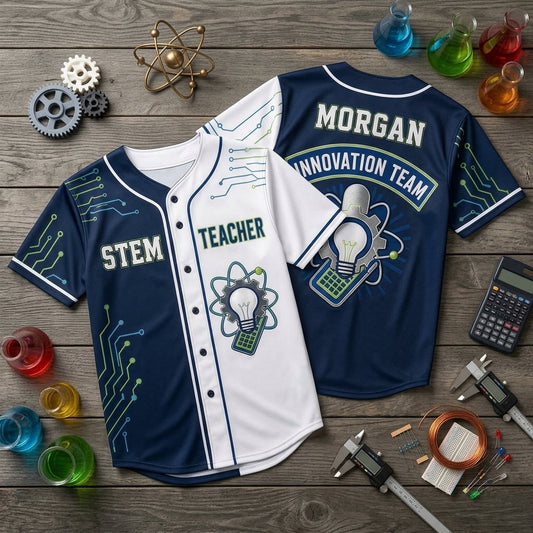 Personalized STEM Teacher Baseball Jersey - Custom Name Innovation Team Science Tech Sportswear for Educators