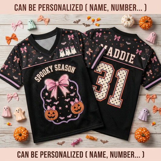 Personalized Spooky Season Halloween Football Jersey - Custom Name & Number Coquette Ghost Pink Bow Mesh Jersey