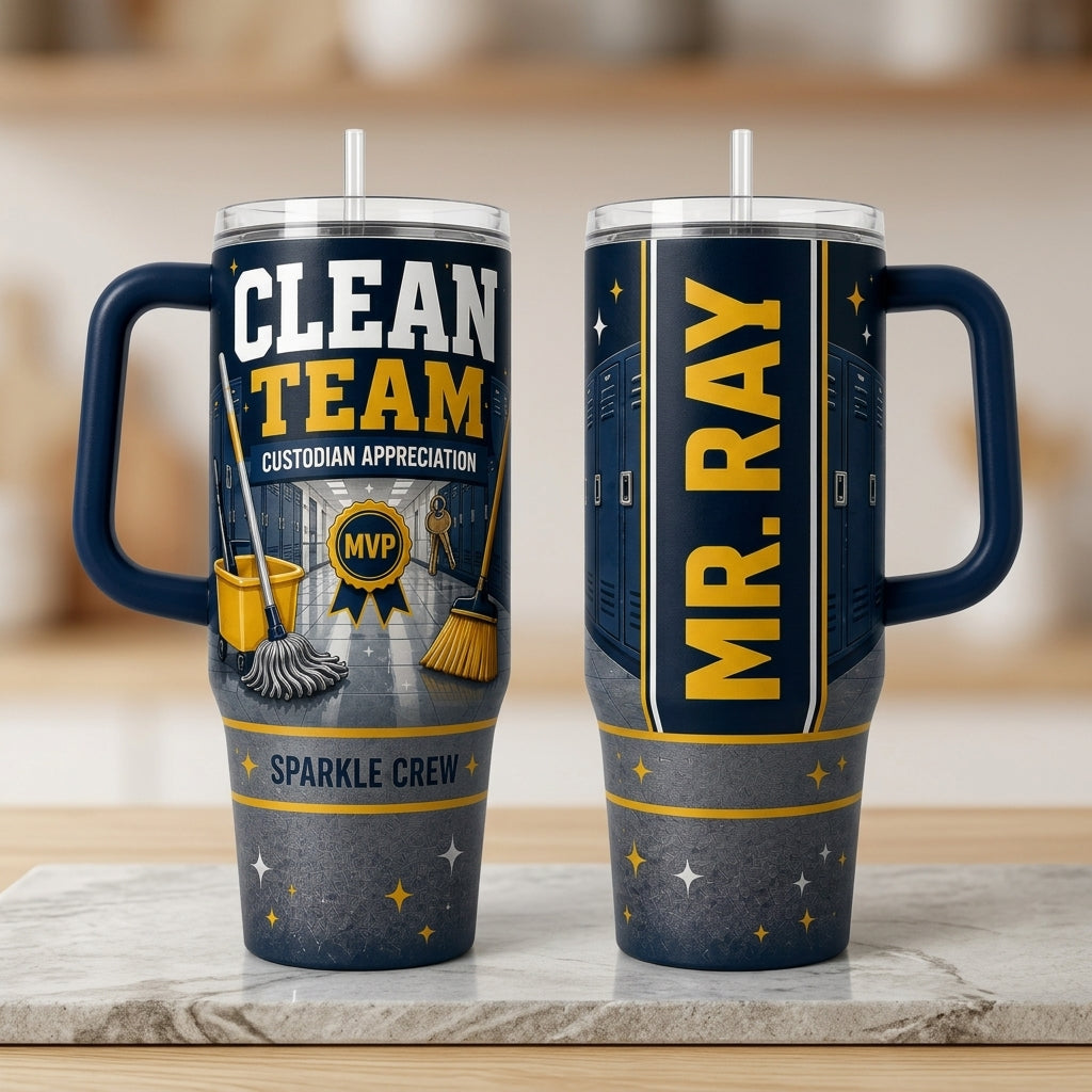 Personalized 40oz Tumbler with Handle - Custom Custodian Appreciation Gift, Clean Team MVP
