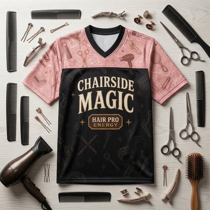 Personalized Hairstylist Football Jersey - Custom Name Salon Team Apparel - Chairside Magic Pink & Black Mesh - football jersey product view 4