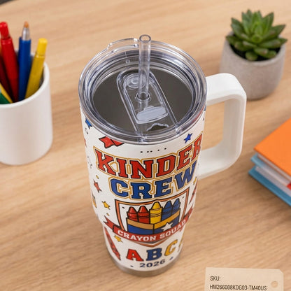 Personalized Kinder Crew Crayon Squad 40oz Tumbler with Handle - Custom Kindergarten Teacher Gift