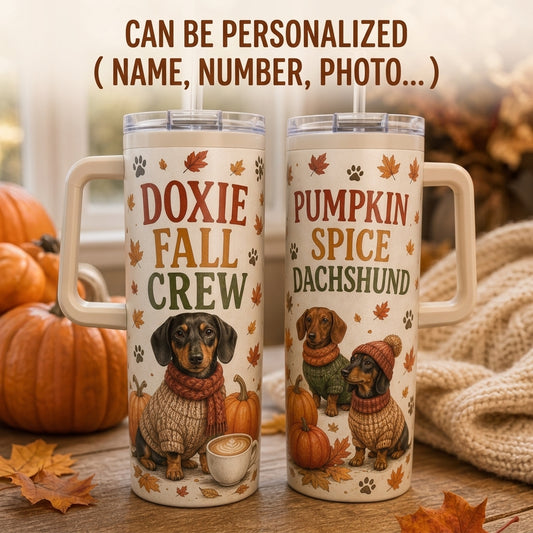 Personalized Doxie Fall Crew 40oz Tumbler with Handle - Pumpkin Spice Dachshund Dog Lover Gift