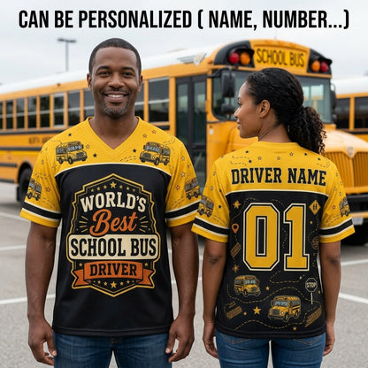 Personalized World's Best School Bus Driver Football Jersey - Custom Name and Number Mesh Sports Shirt