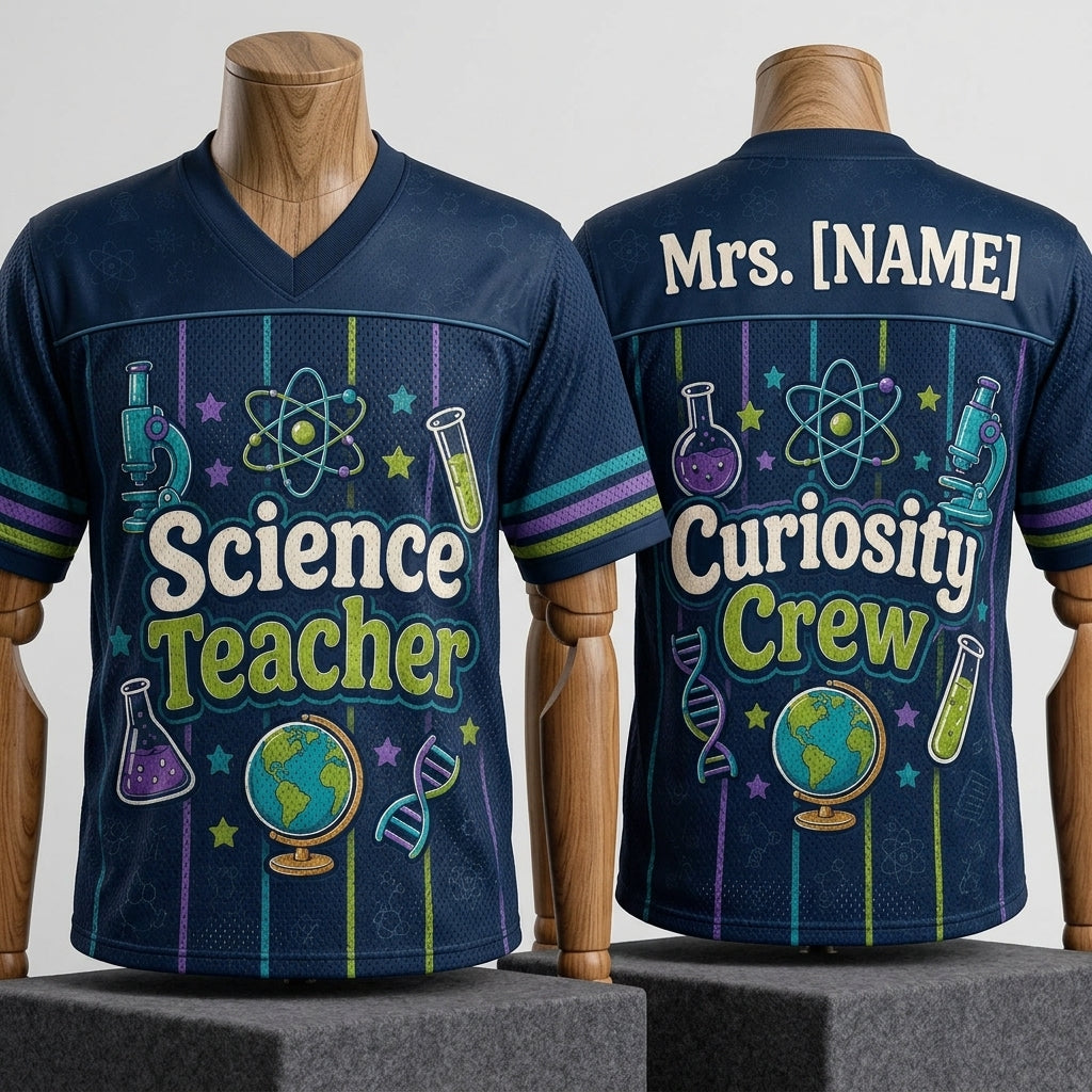 Personalized Science Teacher Football Jersey - Custom Name Curiosity Crew STEM Gift for Educators