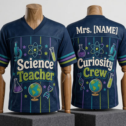 Personalized Science Teacher Football Jersey - Custom Name Curiosity Crew STEM Gift for Educators