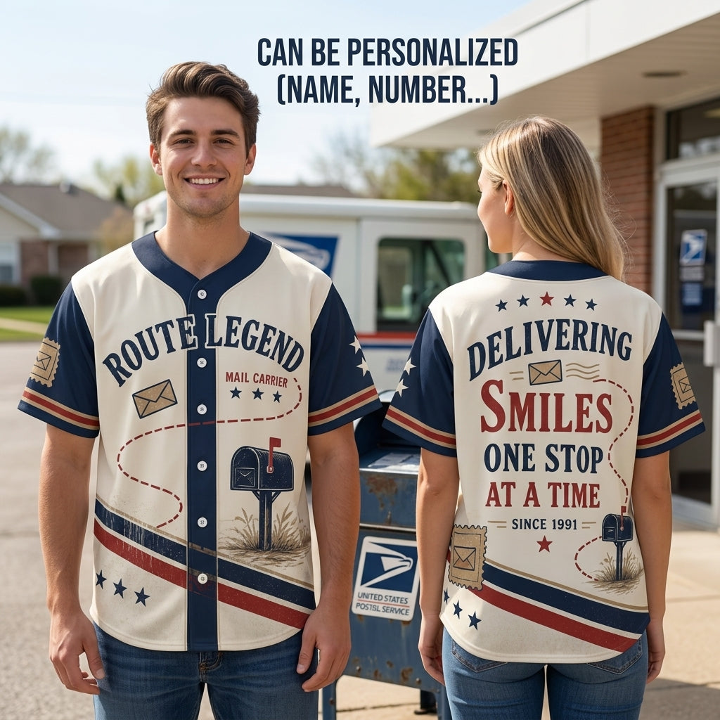 Personalized Route Legend Mail Carrier Baseball Jersey - Custom Year Delivering Smiles Postal Worker Gift