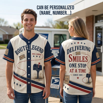 Personalized Route Legend Mail Carrier Baseball Jersey - Custom Year Delivering Smiles Postal Worker Gift