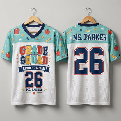 Personalized Kindergarten Grade Squad Mesh Football Jersey - Custom Teacher Name and Number