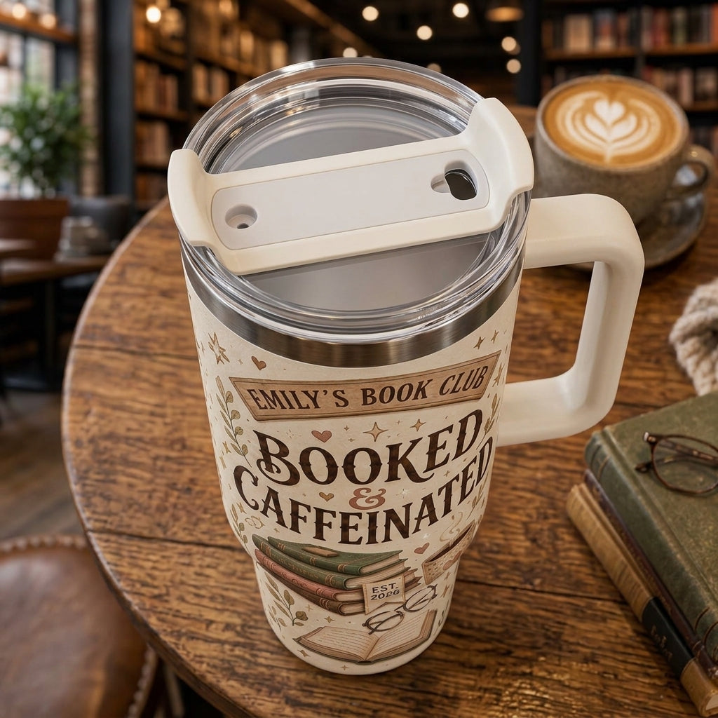 Personalized Booked & Caffeinated 40oz Tumbler with Handle - Custom Book Club Gift for Readers