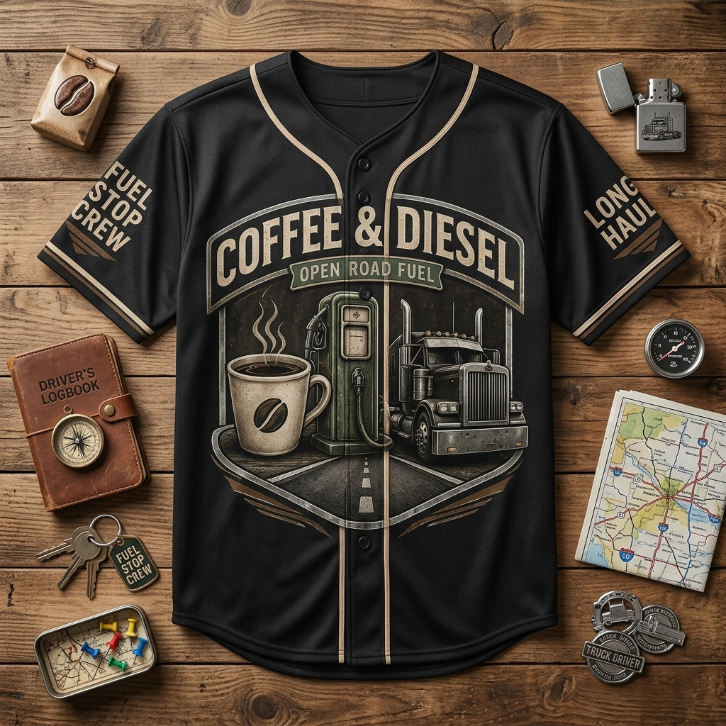 Personalized Coffee & Diesel Open Road Fuel Baseball Jersey - Custom Name and Number Trucker Gift