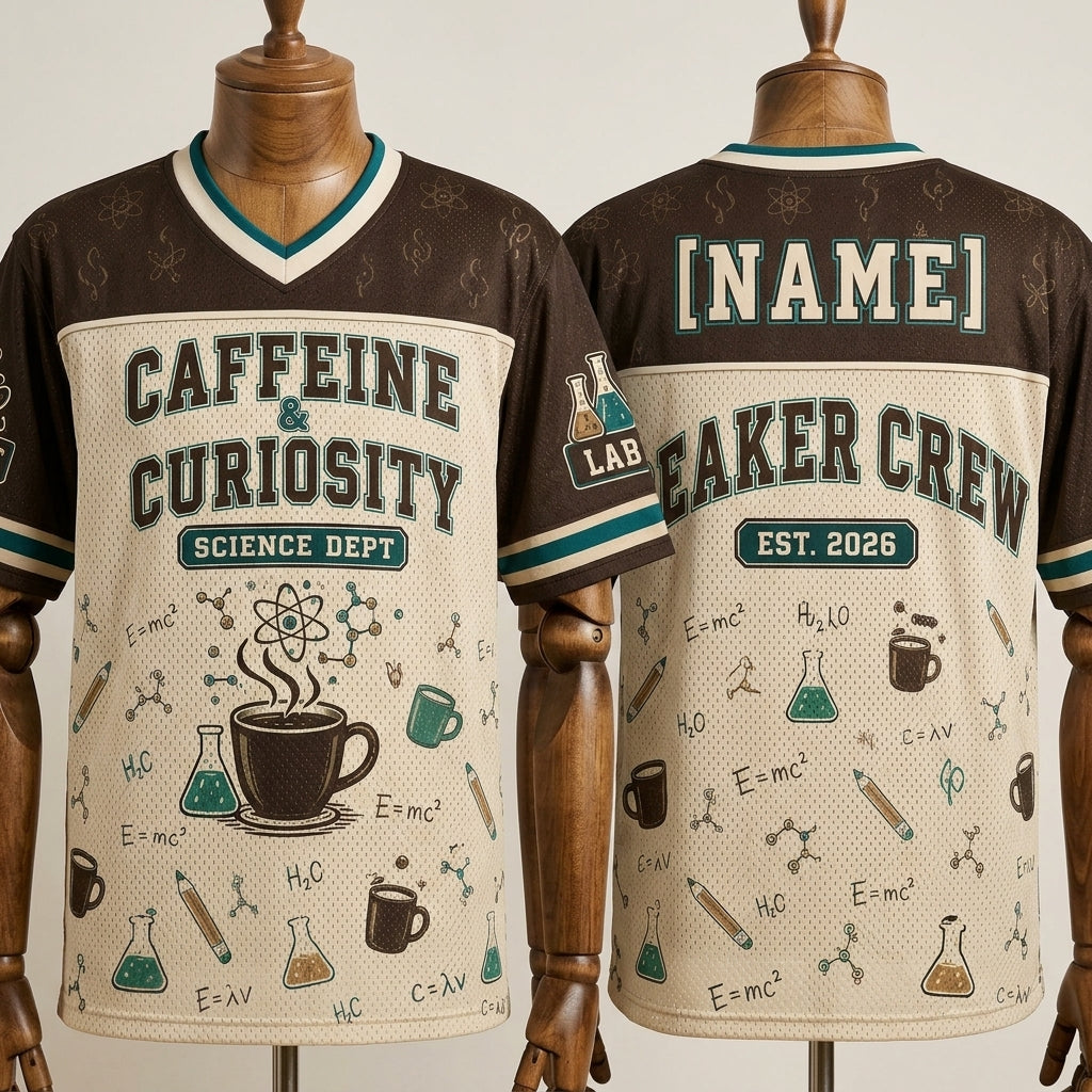 Personalized Caffeine & Curiosity Science Dept Jersey - Custom Name Beaker Crew Football Jersey