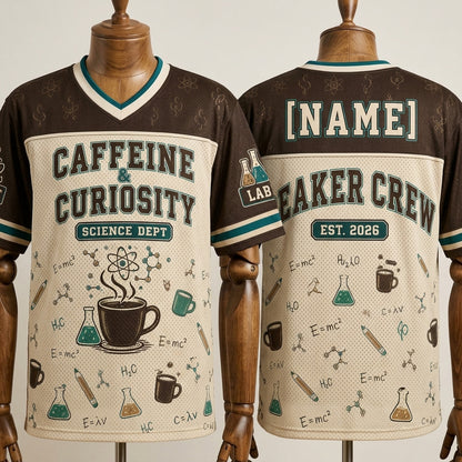 Personalized Caffeine & Curiosity Science Dept Jersey - Custom Name Beaker Crew Football Jersey