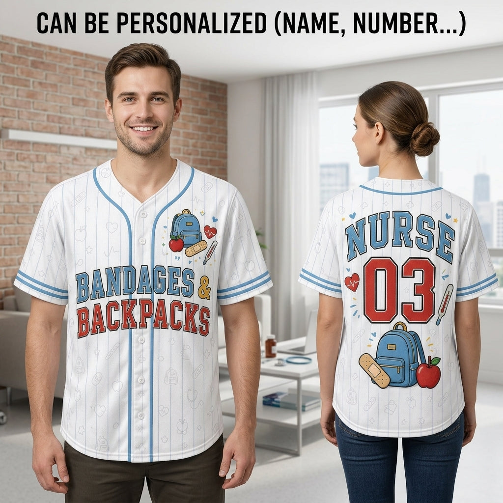 Personalized School Nurse Baseball Jersey - Custom Name & Number Bandages and Backpacks Nursing Shirt