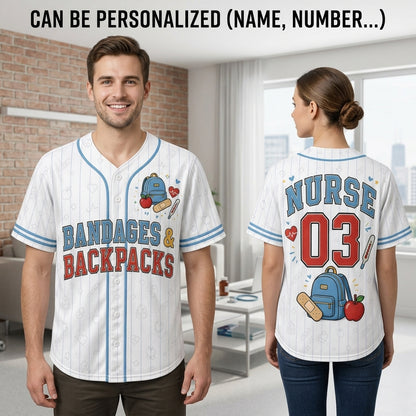 Personalized School Nurse Baseball Jersey - Custom Name & Number Bandages and Backpacks Nursing Shirt