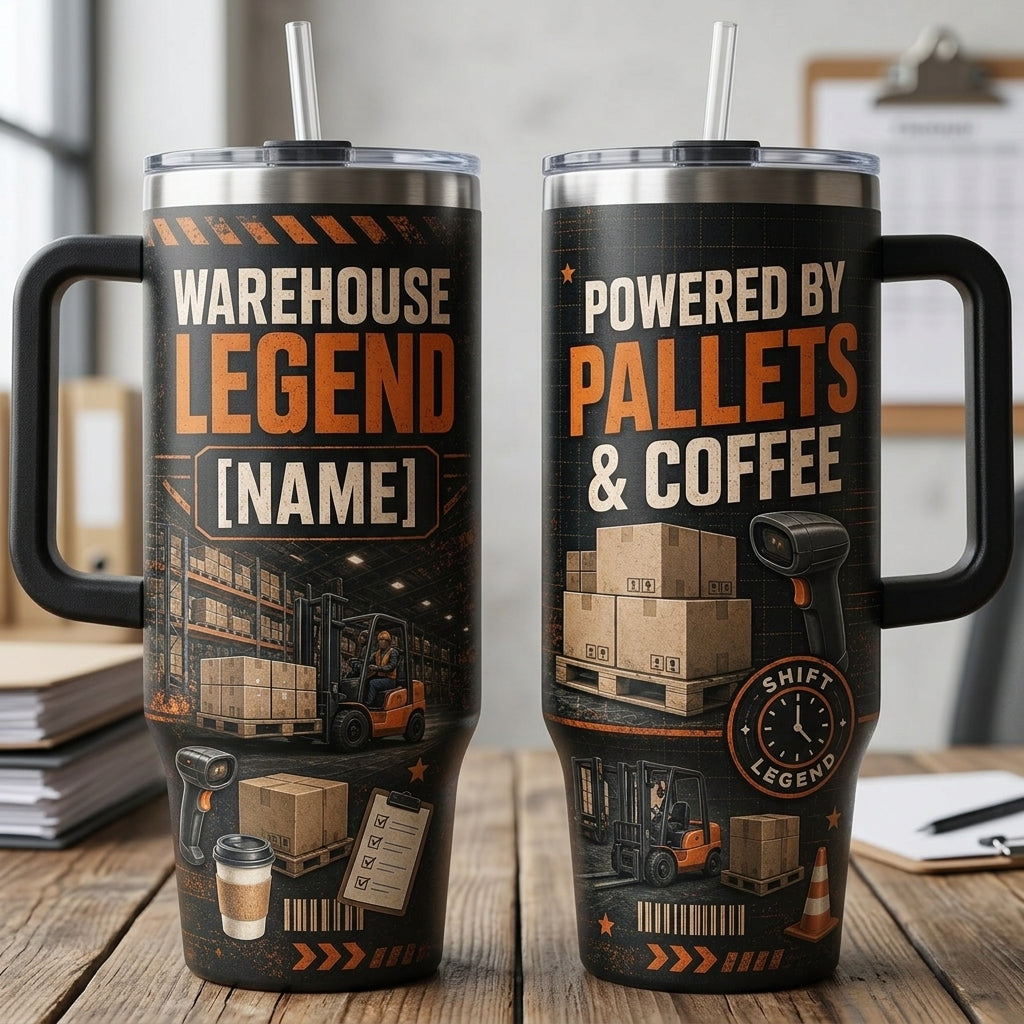 Personalized Warehouse Legend 40oz Tumbler with Handle - Custom Name Gift for Forklift Operator - 40oz tumbler mockup 2