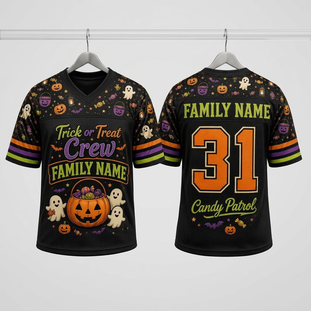 Personalized Halloween Football Jersey - Custom Family Name Trick or Treat Crew Candy Patrol Sports Shirt