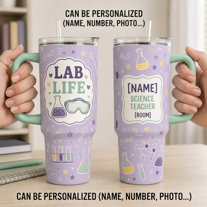Personalized Lab Life Science Teacher 40oz Tumbler with Handle, Custom Name and Room STEM Gift