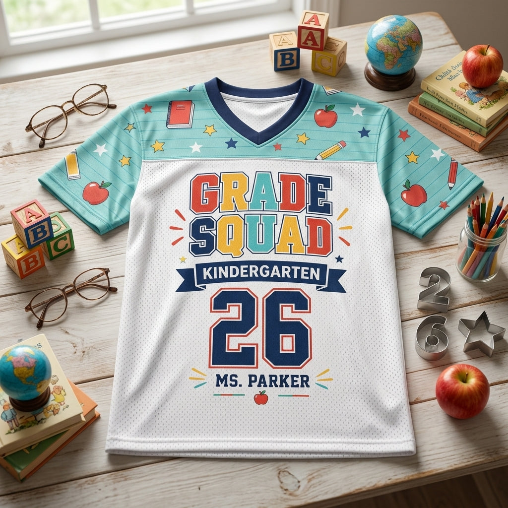 Personalized Kindergarten Grade Squad Mesh Football Jersey - Custom Teacher Name and Number