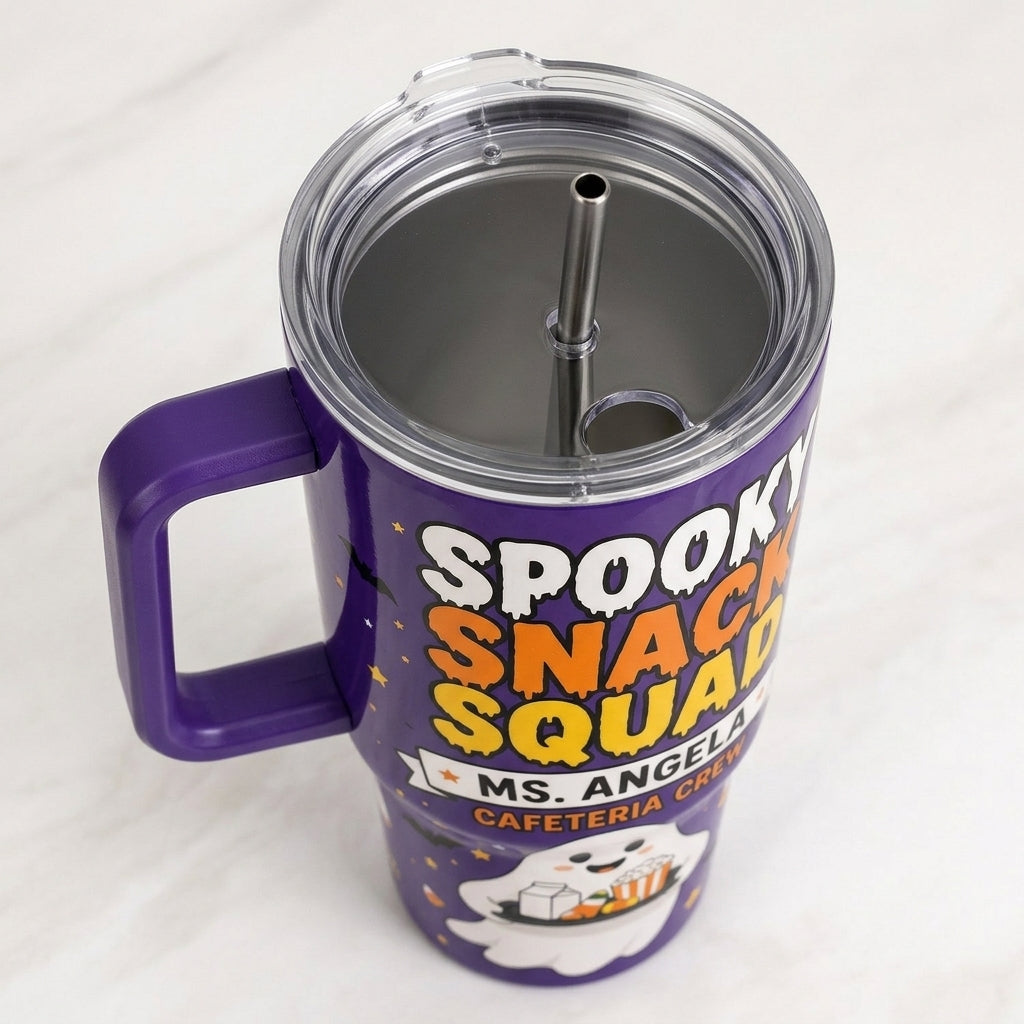 Personalized Spooky Snack Squad 40oz Tumbler with Handle - Custom Name Cafeteria Crew Halloween Cup