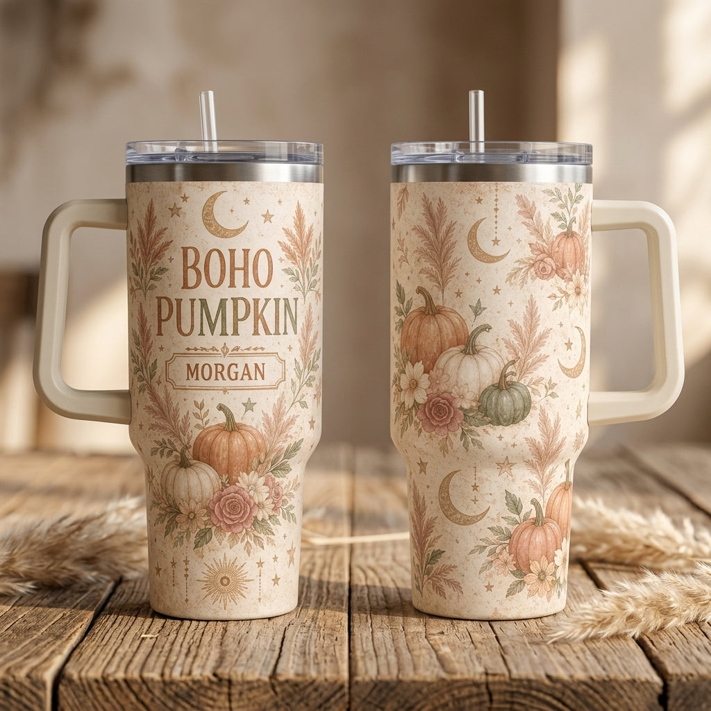Personalized Boho Pumpkin 40oz Tumbler with Handle - Custom Fall Floral Name Cup