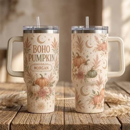 Personalized Boho Pumpkin 40oz Tumbler with Handle - Custom Fall Floral Name Cup
