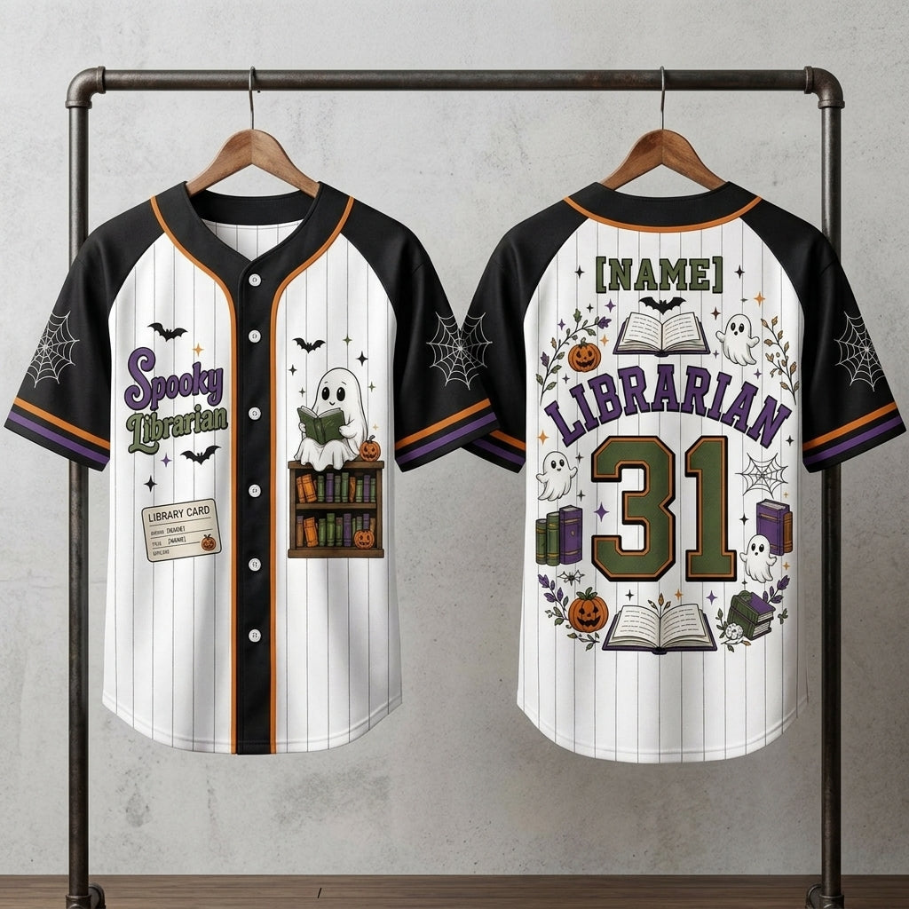 Personalized Spooky Librarian Halloween Baseball Jersey - Custom Name Ghost Bookish Gift for Teachers