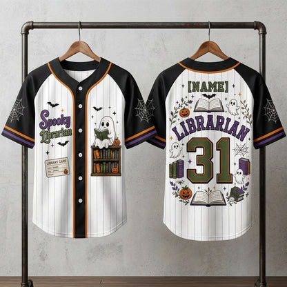 Personalized Spooky Librarian Halloween Baseball Jersey - Custom Name Ghost Bookish Gift for Teachers