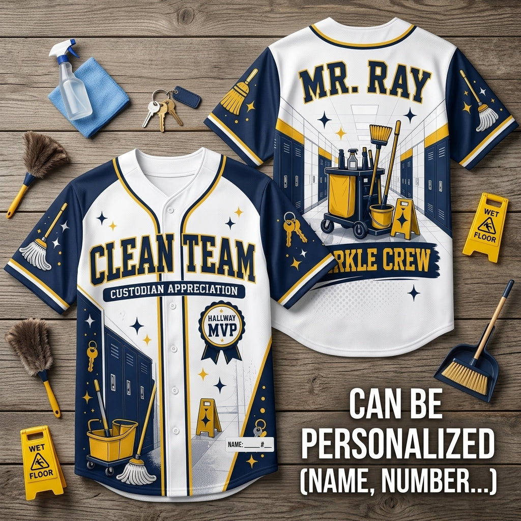 Personalized Clean Team Custodian Appreciation Baseball Jersey - Custom Name Sparkle Crew Hallway MVP Shirt