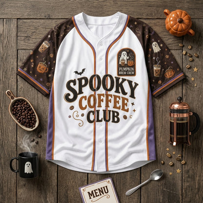 Personalized Spooky Coffee Club Baseball Jersey - Custom Name & Number Halloween Gift for Coffee Lovers & Baristas