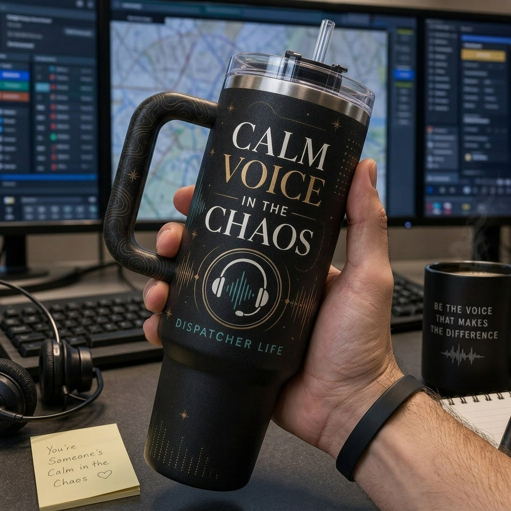 Personalized Calm Voice In The Chaos 40oz Tumbler with Handle - Custom Name Dispatcher Life Gift - 40oz tumbler mockup 4
