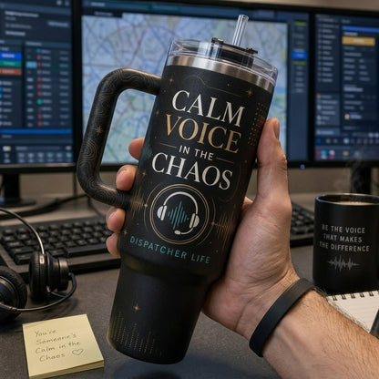 Personalized Calm Voice In The Chaos 40oz Tumbler with Handle - Custom Name Dispatcher Life Gift - 40oz tumbler mockup 4