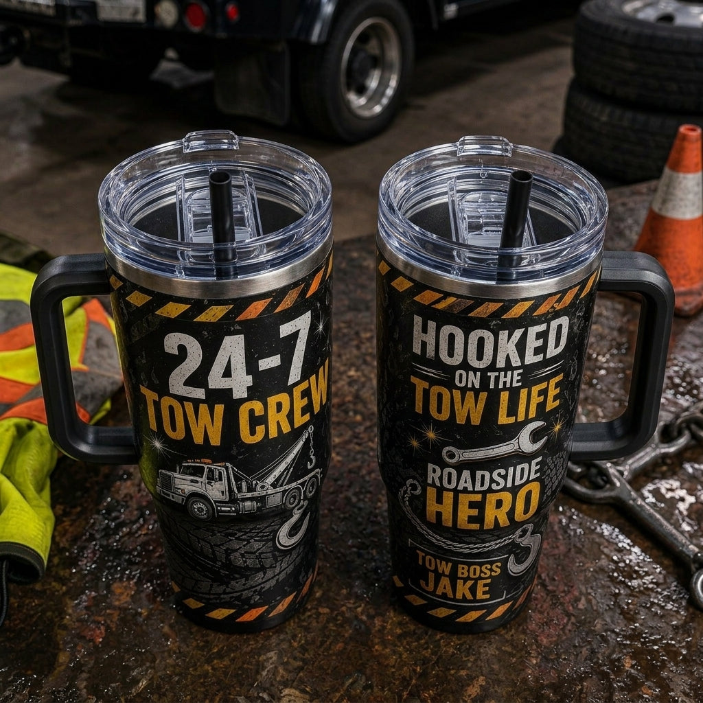 Personalized 40oz Tumbler with Handle - Tow Crew Roadside Hero Custom Name Gift for Tow Truck Drivers