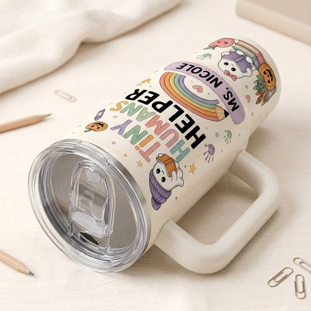 Personalized Tiny Humans Helper 40oz Tumbler with Handle, Spooky Little Learners Halloween Teacher Gift