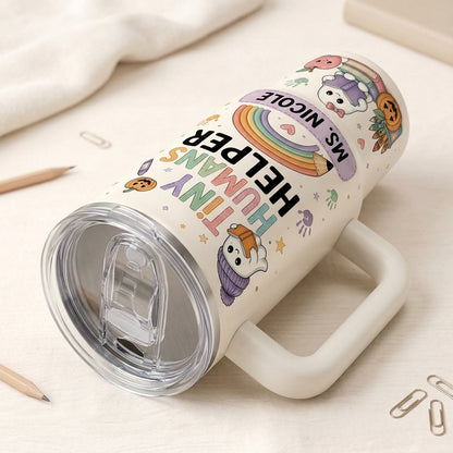 Personalized Tiny Humans Helper 40oz Tumbler with Handle, Spooky Little Learners Halloween Teacher Gift
