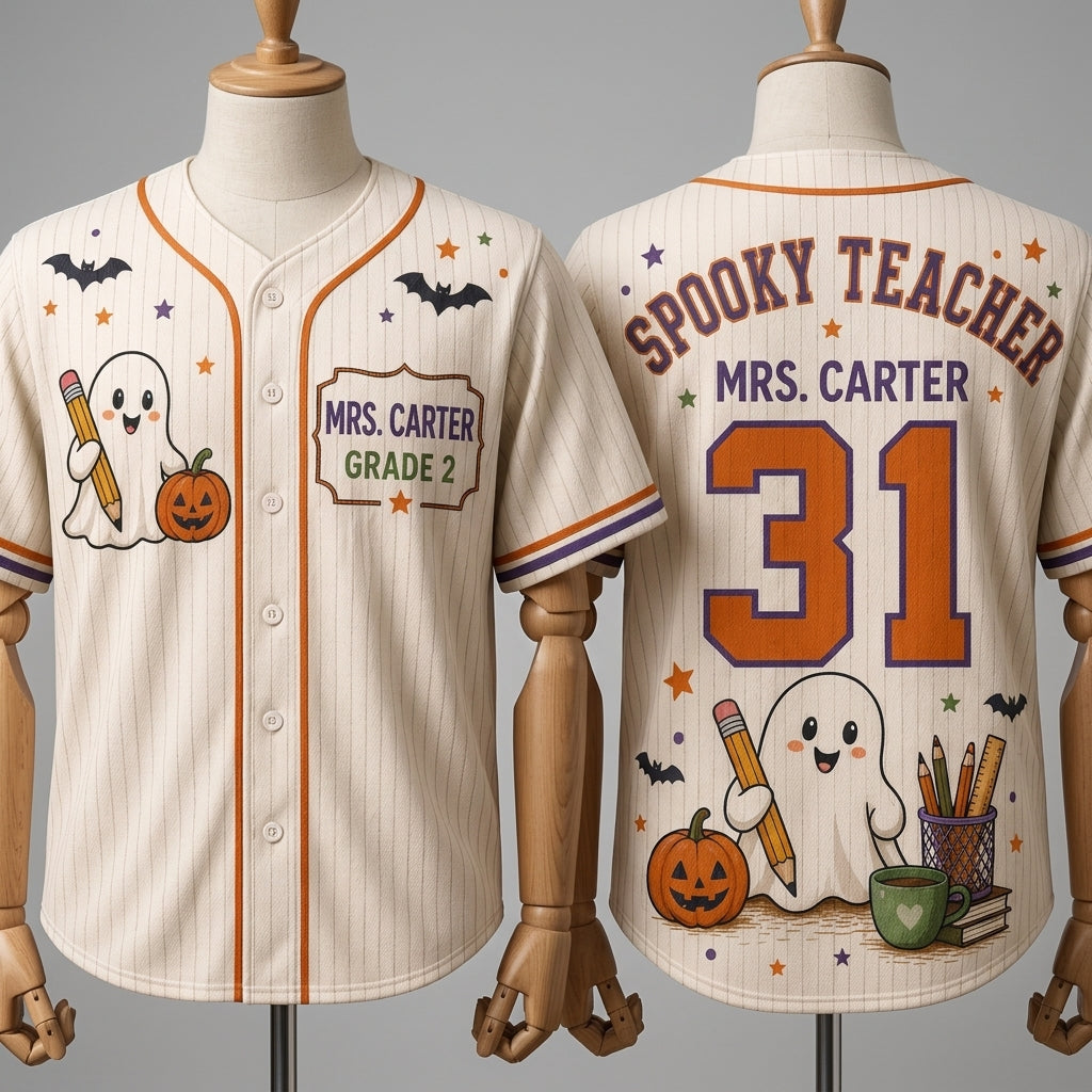 Personalized Spooky Teacher Halloween Baseball Jersey - Custom Name and Grade Ghost Graphic Jersey