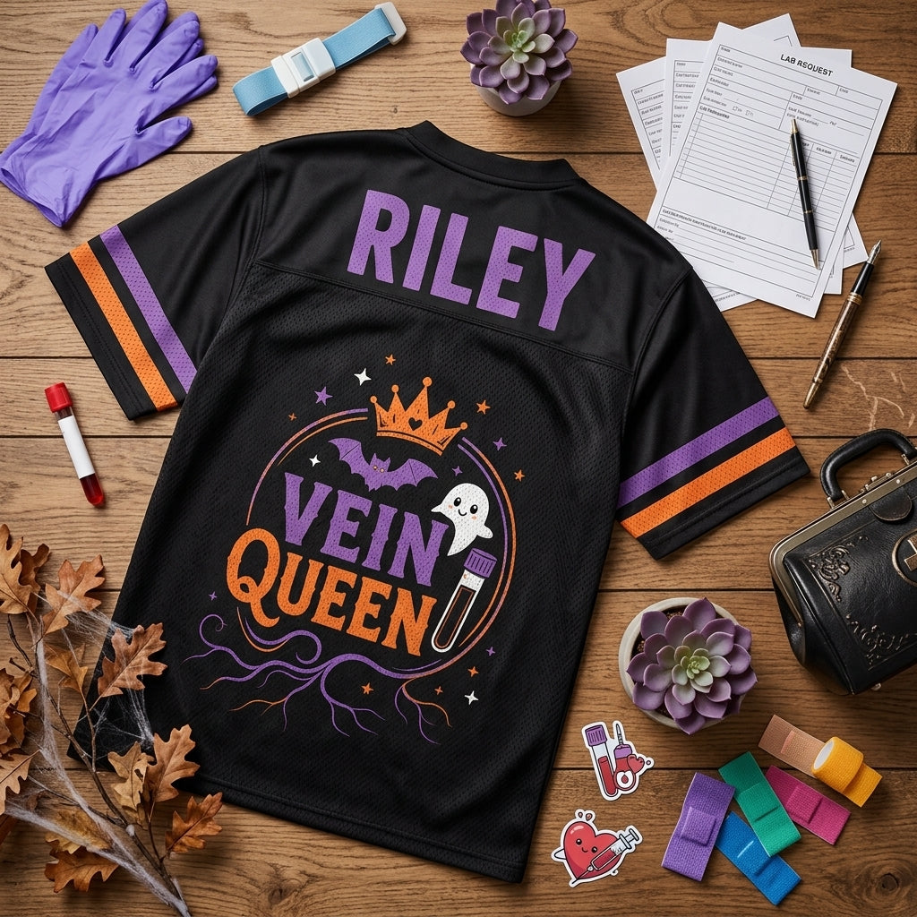 Personalized Vein Queen Phlebotomy Crew Football Jersey - Custom Name Halloween Phlebotomist Gift