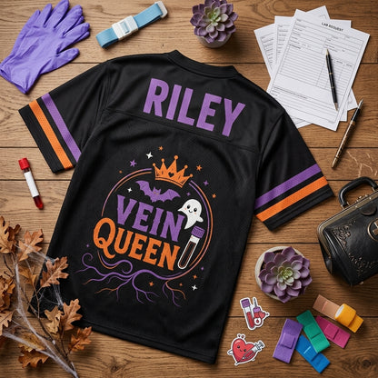 Personalized Vein Queen Phlebotomy Crew Football Jersey - Custom Name Halloween Phlebotomist Gift