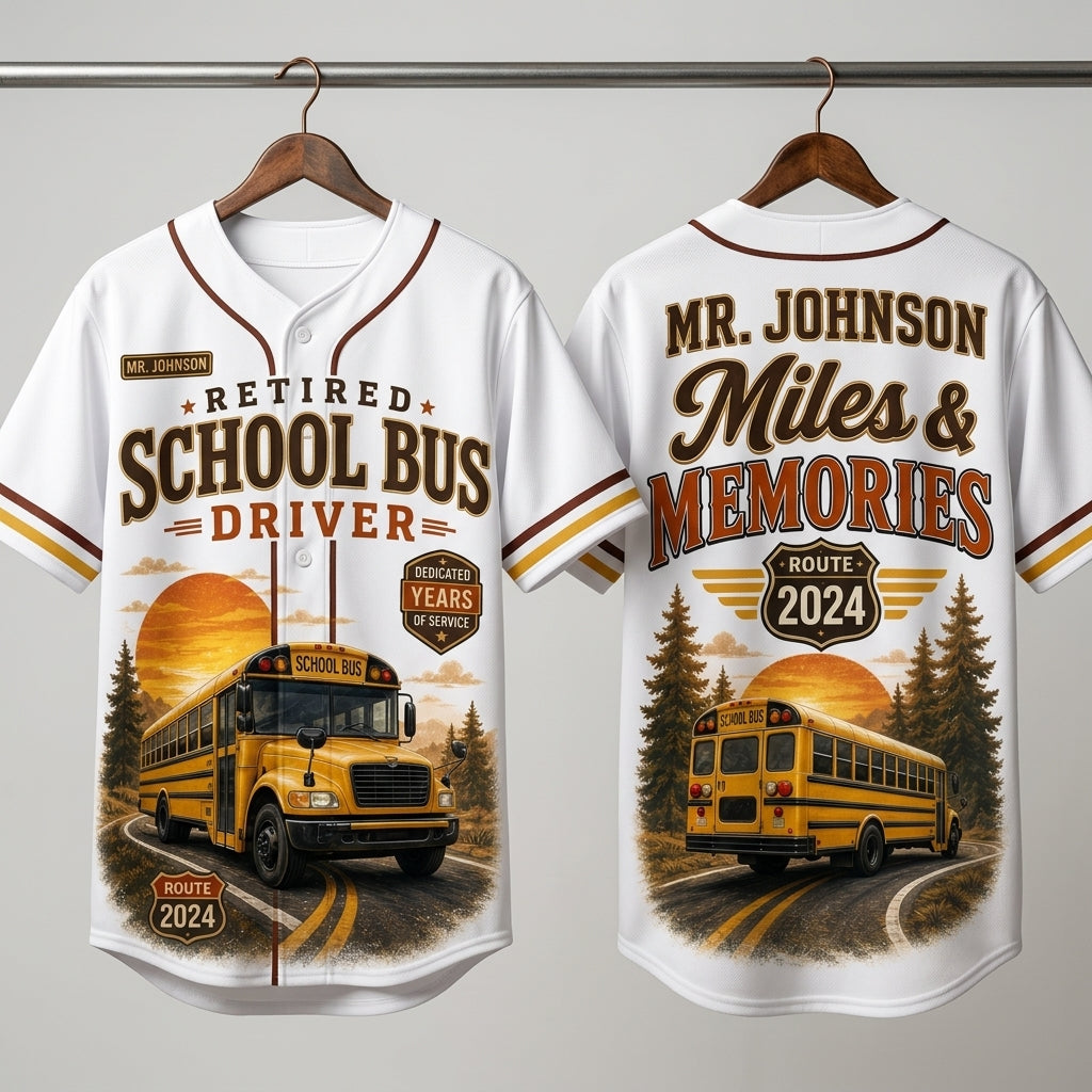Personalized Retired School Bus Driver Baseball Jersey - Custom Name & Year Miles and Memories Shirt