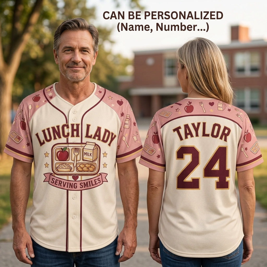 Personalized Lunch Lady Baseball Jersey - Custom Name and Number Serving Smiles School Cafeteria Staff Gift