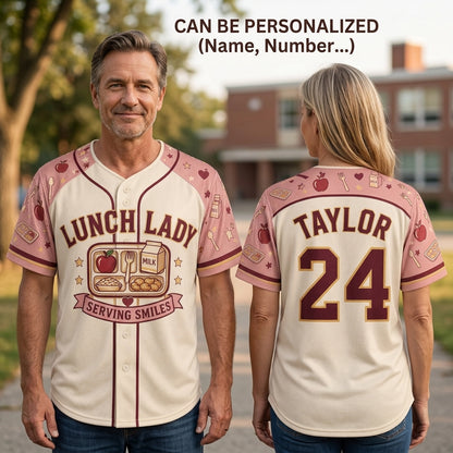 Personalized Lunch Lady Baseball Jersey - Custom Name and Number Serving Smiles School Cafeteria Staff Gift