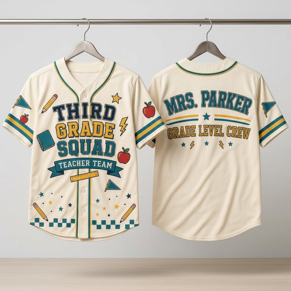 Personalized Third Grade Squad Teacher Baseball Jersey - Custom Name Back-to-School Grade Level Crew Uniform