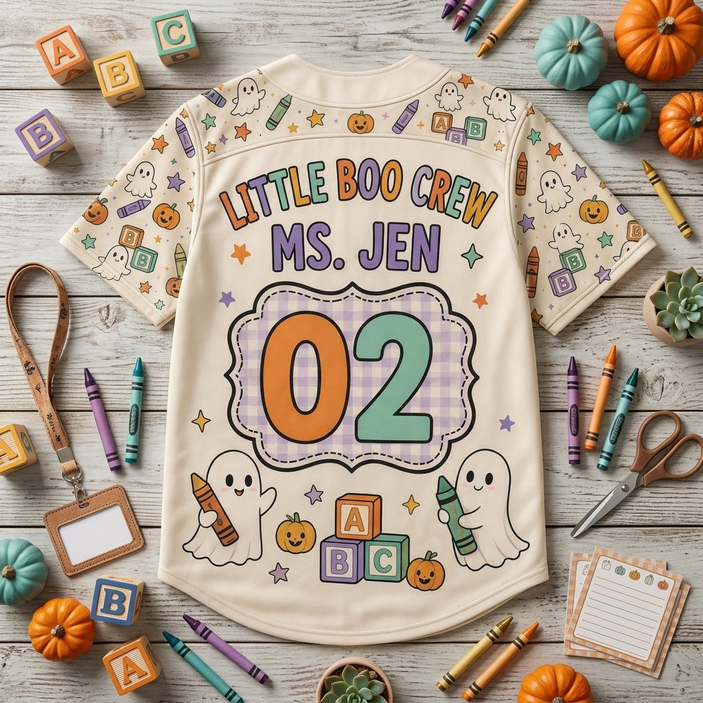 Personalized Little Boo Crew Teacher Halloween Baseball Jersey - Custom Name & Classroom Number Ghost Shirt