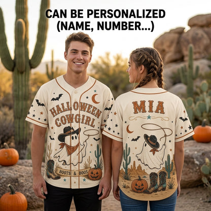 Personalized Halloween Cowgirl Ghost Baseball Jersey - Custom Name Boots & Boos Western Ghouls Costume