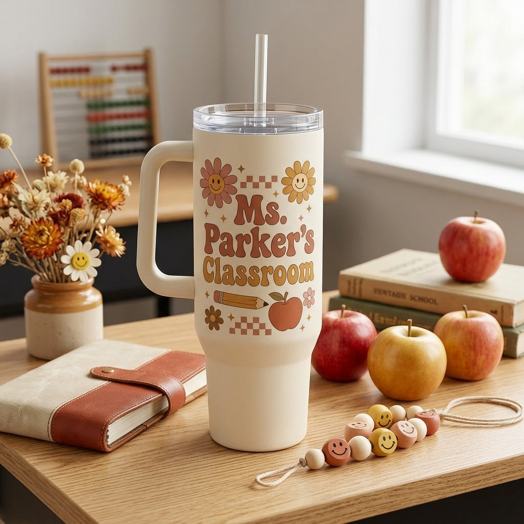 Personalized Groovy Teacher 40oz Tumbler with Handle, Custom Name Classroom Cup, Teaching With Love Retro Design Gift