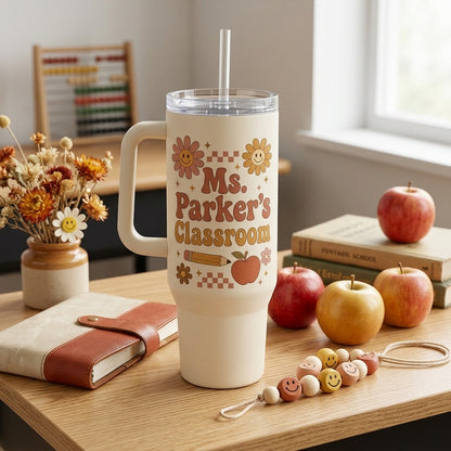 Personalized Groovy Teacher 40oz Tumbler with Handle, Custom Name Classroom Cup, Teaching With Love Retro Design Gift