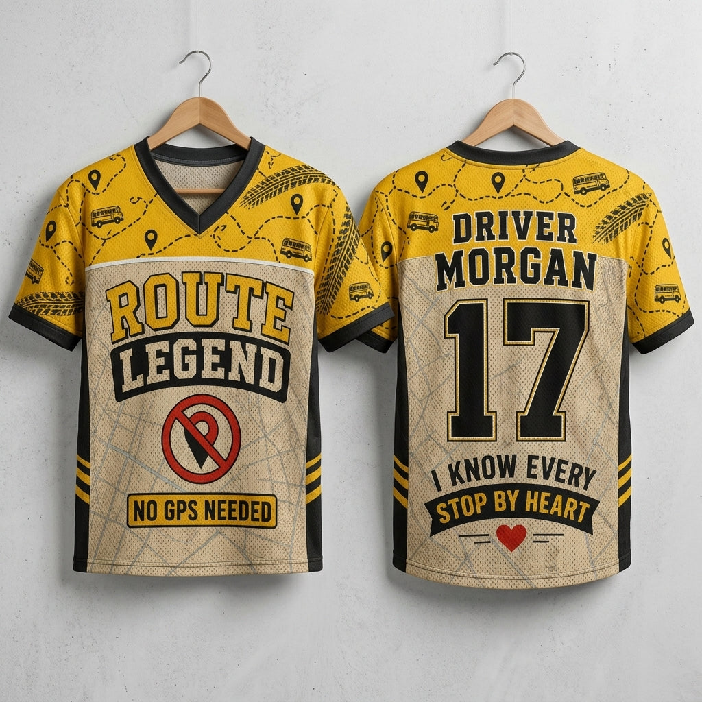 Personalized School Bus Driver Football Jersey - Custom Name & Number Route Legend Mesh Jersey Gift